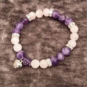 Purple and White Beaded Bracelet with Silver Heart Charm